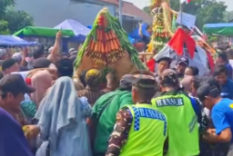 Keterangan: Rarutas warga Pekuncen, saat berebut gunungan hasil bumi dalam acara Kirab Budaya Desa Pekuncen, di halaman Masjid Pakuncen, Rabu 25/06/2025. (Ist/Jateng Memanggil)
